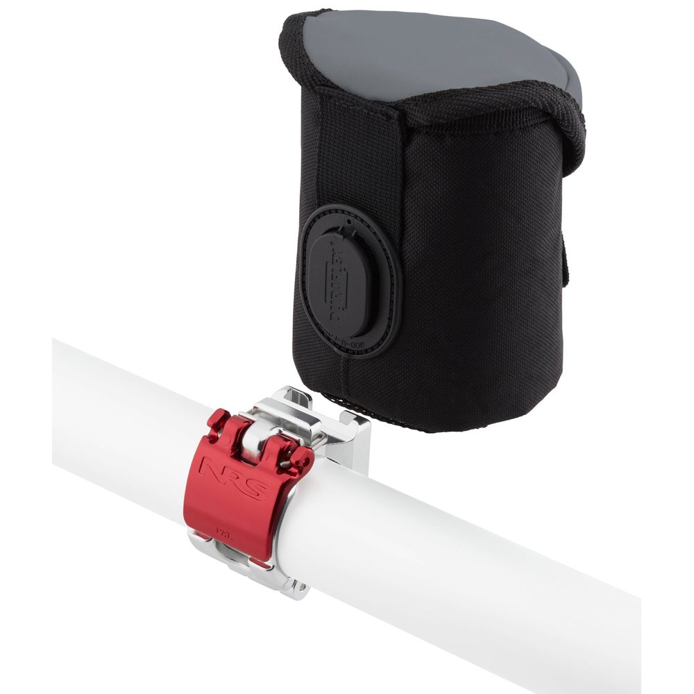 An NRS ClampIT Drink Holder in red and silver attaches to a white rod, holding a black fabric pouch with a round patch.