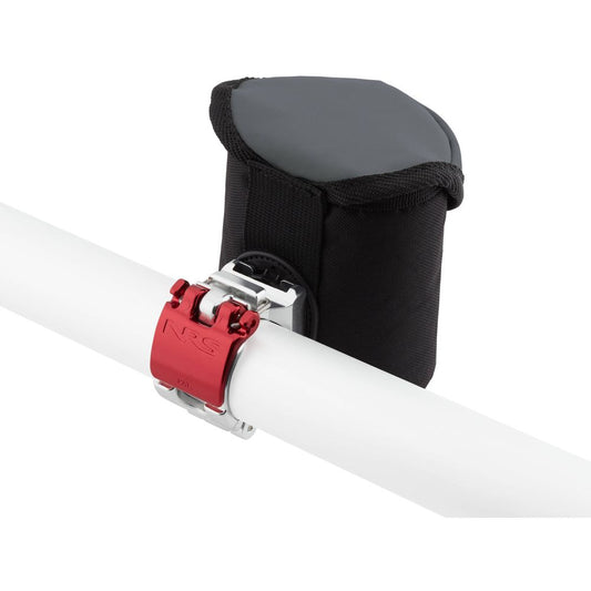 The NRS ClampIt Drink Holder features an innovative red clamp attached to a white cylindrical bar, topped with a black padded accessory.