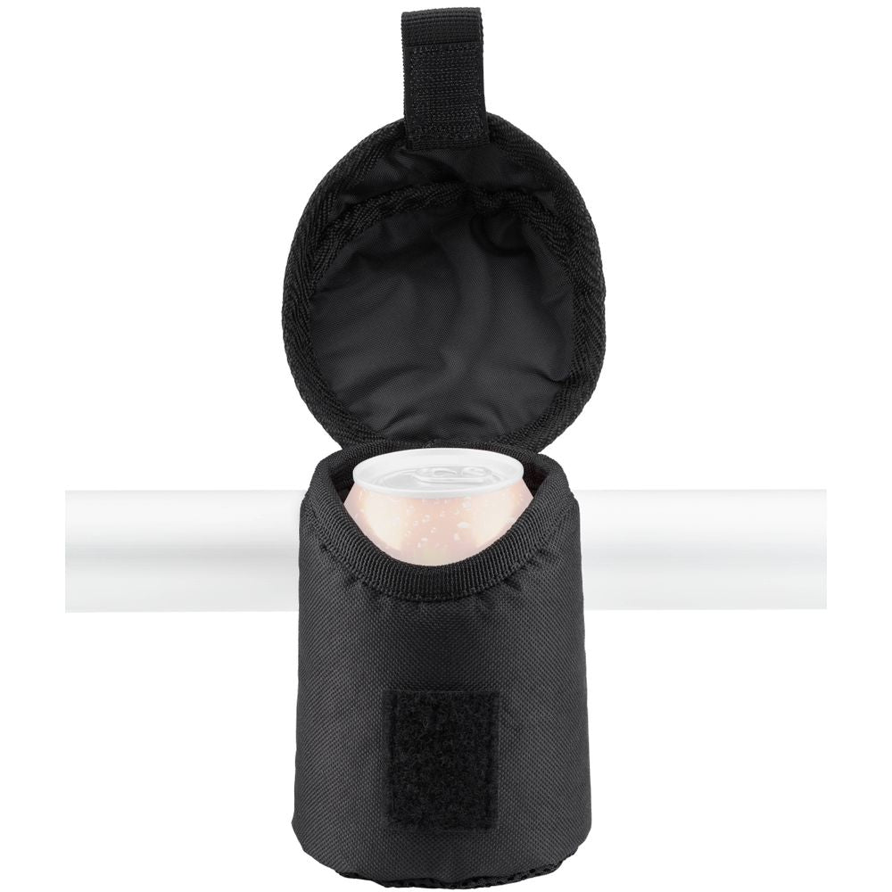 The NRS ClampIT Drink Holder boasts a black insulated nylon cooler that attaches to a horizontal bar, securely holding your beverage can with an open lid.