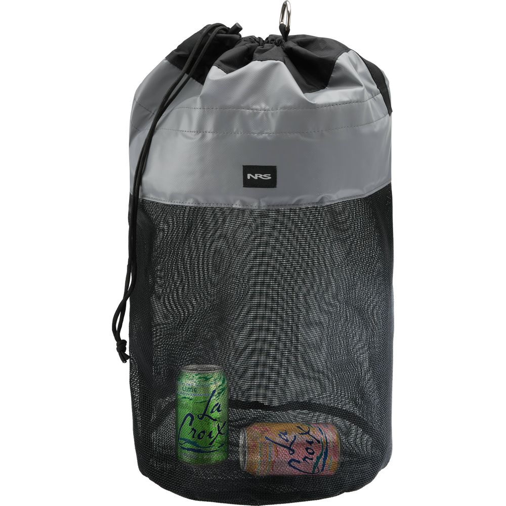 The NRS Mesh Drag Bag, ideal as a river beer holder or beverage cooler, holds two La Croix cans—one lime and one orange—against a white background.