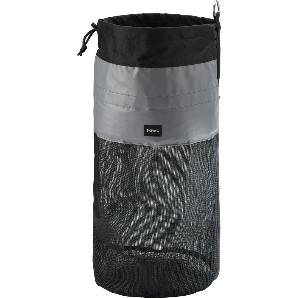 The NRS Mesh Drag Bag is a cylindrical gear bag featuring a black top, gray middle, and black mesh bottom with drawstring closure. It has a small logo on the gray section and is perfect as a river beer holder for keeping beverages fresh during adventures.