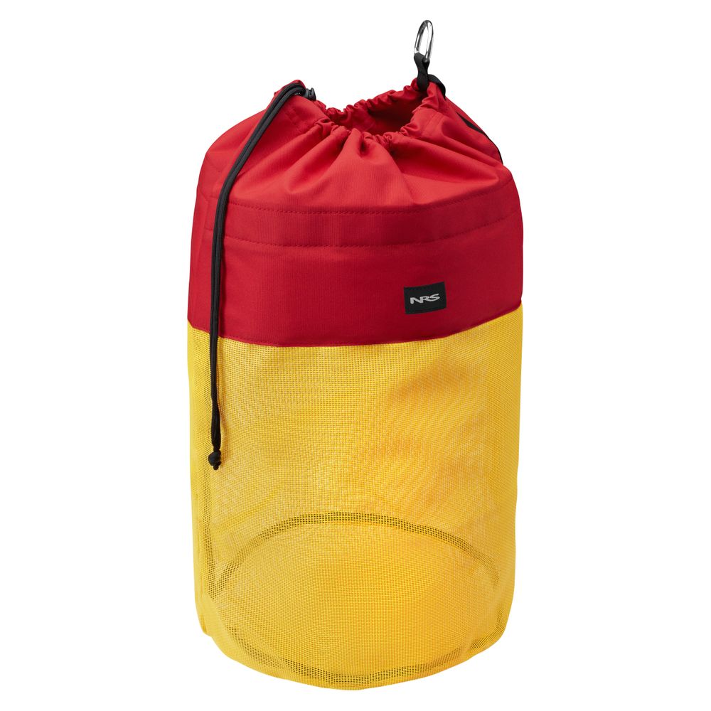 The NRS Mesh Drag Bag, featuring a drawstring and black clip in red and yellow mesh, is ideal for keeping beverages cool during your next river adventure.