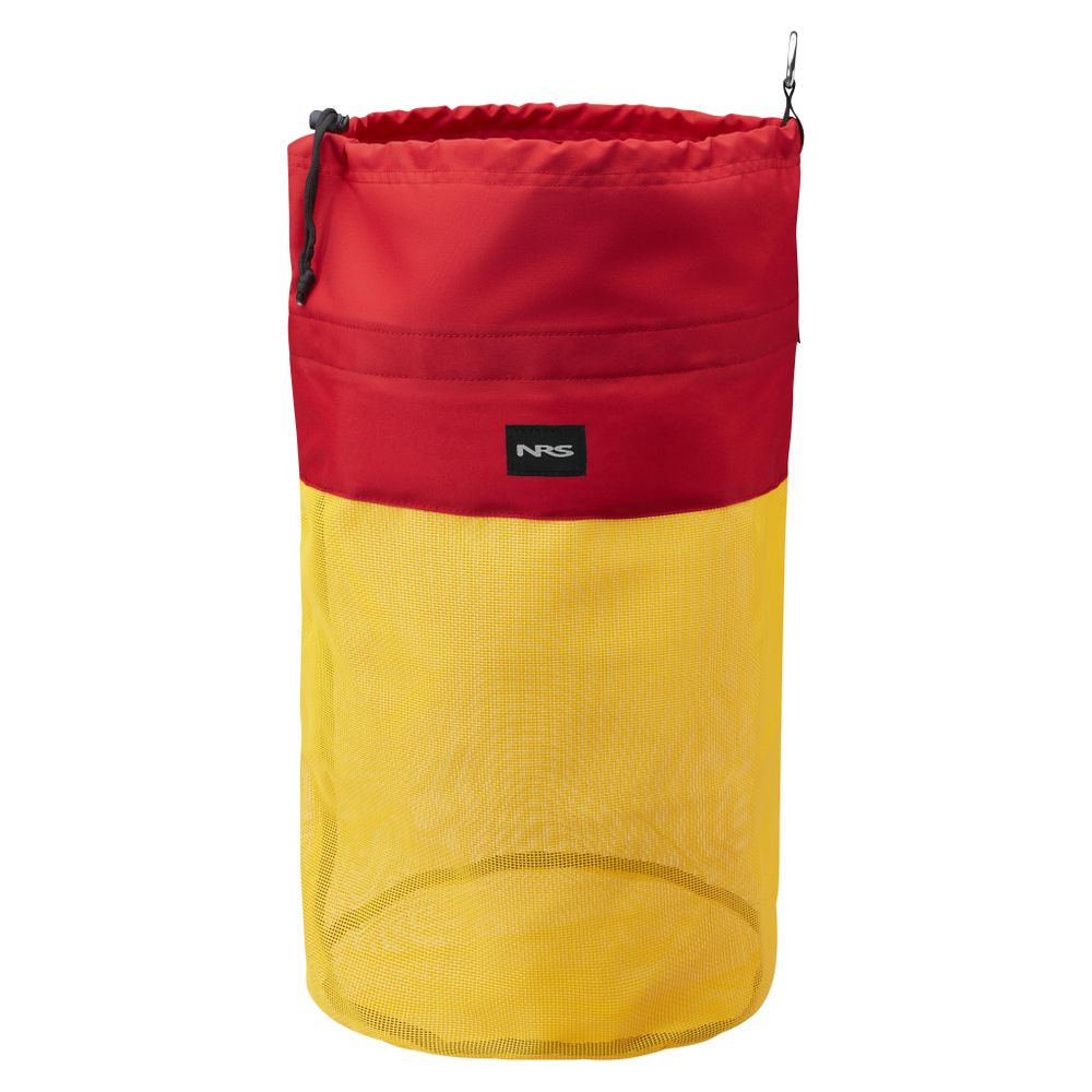 The NRS Mesh Drag Bag is a red and yellow mesh storage bag with a drawstring closure and the NRS logo, ideal for holding beer on the river.