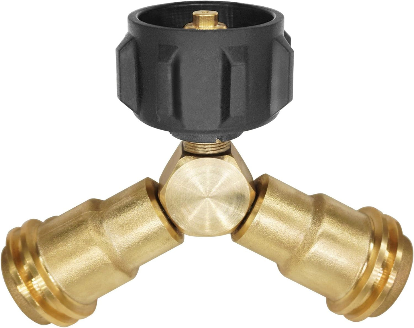 The Coyote River Gear Propane Splitter is a Y-shaped brass connector with a black plastic knob on top, designed to split propane into two outputs at the bottom.