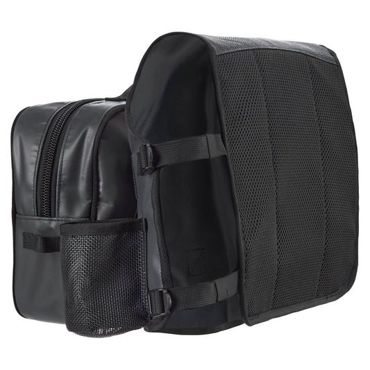 The NRS Throw Back Fishing Seat Bag is a black, rectangular bag with PVC-free mesh pockets and zippered compartments, shown at an angle to highlight its side and back panels.