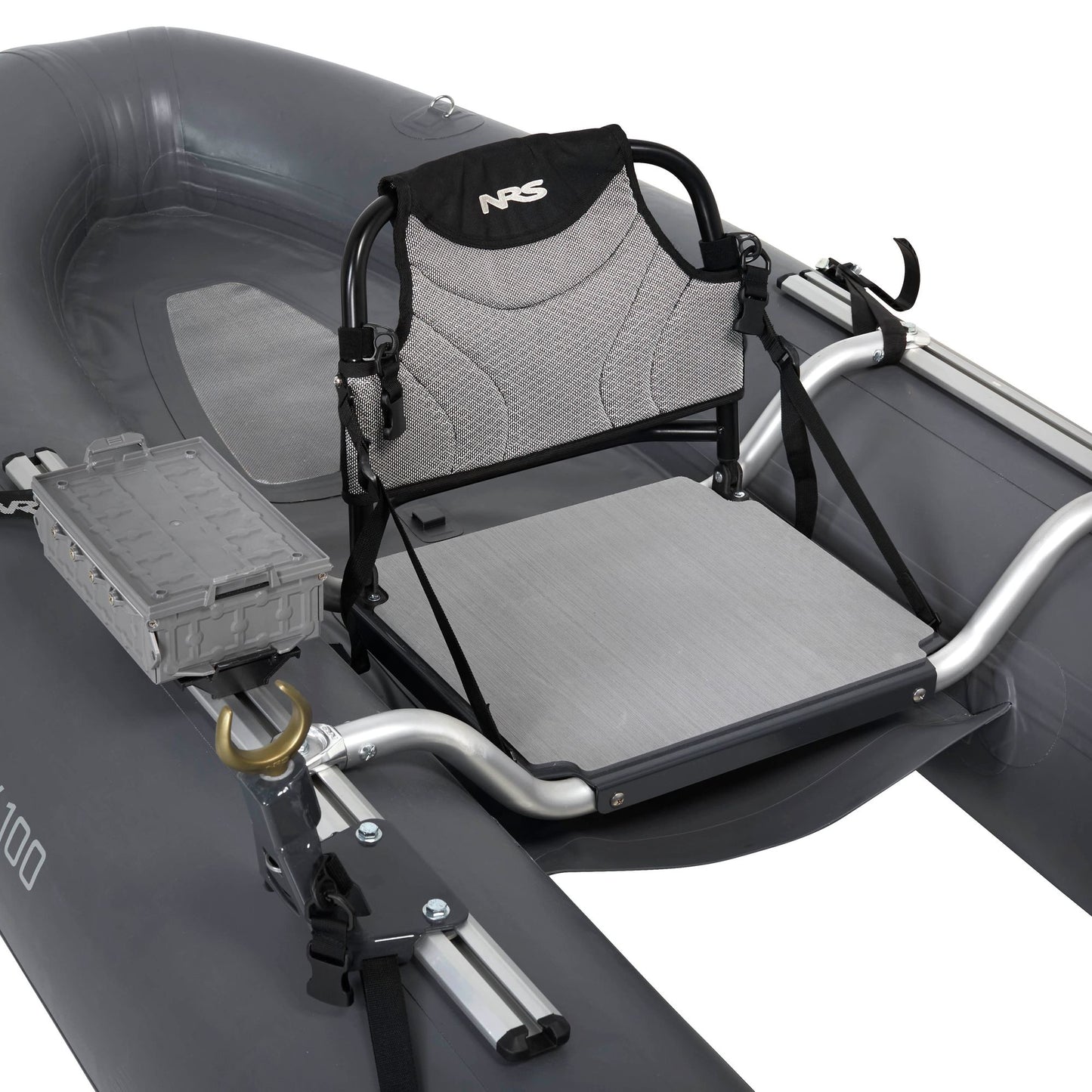 The NRS Boundary 100 Personal Fishing Raft is a gray inflatable boat with a cushioned seat, metal frame, and side storage box—perfect for anglers seeking comfort and practicality.