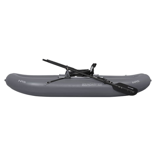 The NRS Boundary 100 Personal Fishing Raft, in gray, is an inflatable kayak ideal for fishing, equipped with two side paddles for easy navigation.