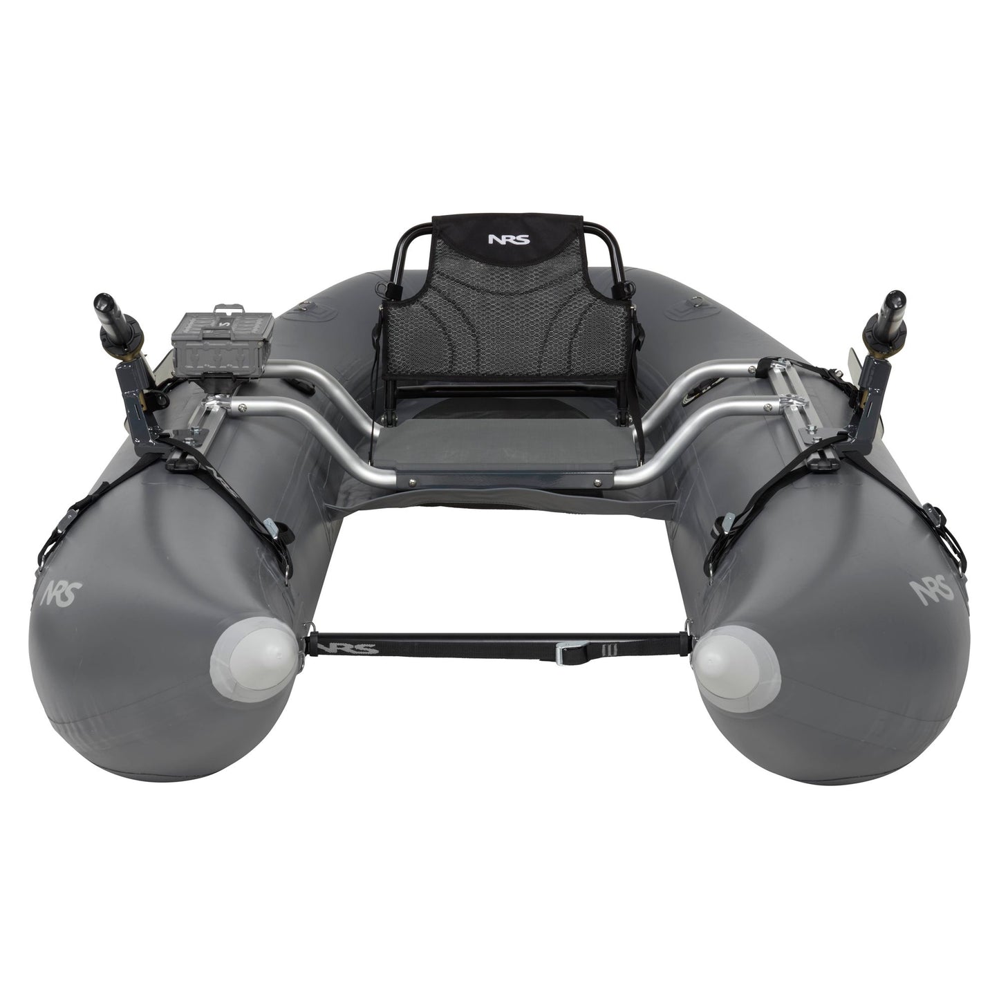 The Oxbow 85 Personal Fishing Raft by NRS is a grey inflatable pontoon with welded seams, an open bow design, a sturdy metal frame, mesh seat, and rod holders—ideal for lightweight rafting and water adventures.