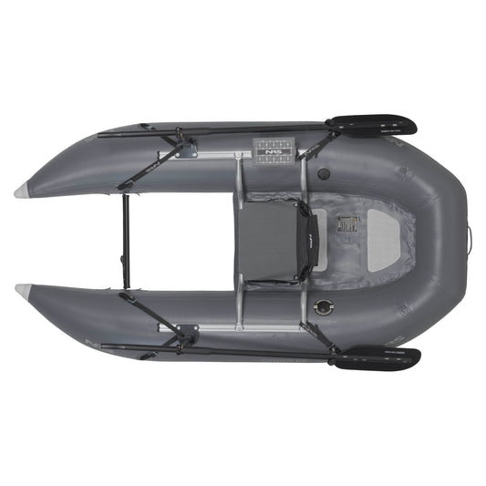 Top view of the NRS Oxbow 85 Personal Fishing Raft, showcasing its gray design with welded seams, oars, a seat, and attachment points.