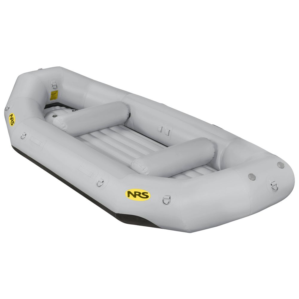 The gray Otter Series Raft by NRS features outfitter-grade performance with three interior seat bars and a yellow "NRS" logo, showcasing its durable Pennel Orca fabric.