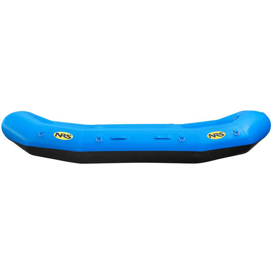The NRS E-Series Rafts, made from durable Pennel Orca fabric, come in blue with a sturdy black bottom. Equipped with multiple handles, yellow logos on both sides, and Leafield C7 valves, they're perfect for adventure enthusiasts seeking high-quality expedition gear.