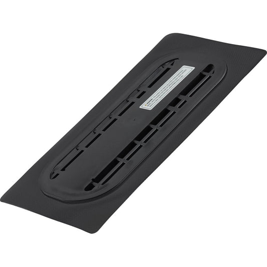 The NRS Fin / Skeg Plate, with its black rectangular vent cover and slats, features a central label. Perfect for your inflatable SUP board's fin box setup, it is showcased on a plain white background.