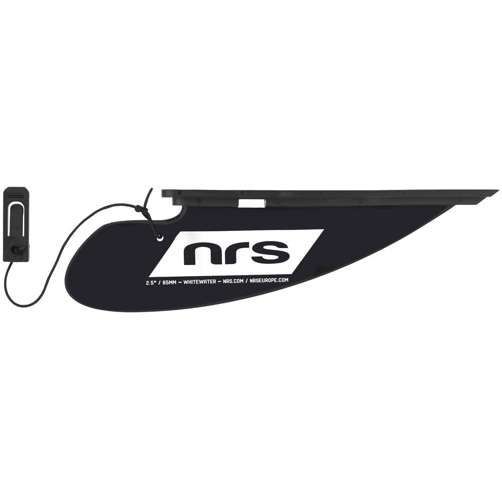The NRS SUP Fin, featuring a black design with the "NRS" logo, is securely attached to a base by a leash. It's perfect for paddle boarders seeking durable performance on NRS iSUP adventures.