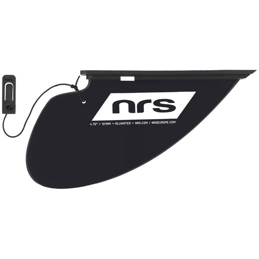 The NRS SUP Fins, featuring a black fin and rope attachment, rest on a white background. Perfect for paddle boarders and NRS iSUP enthusiasts seeking reliable skegs to enhance their watercraft experience.