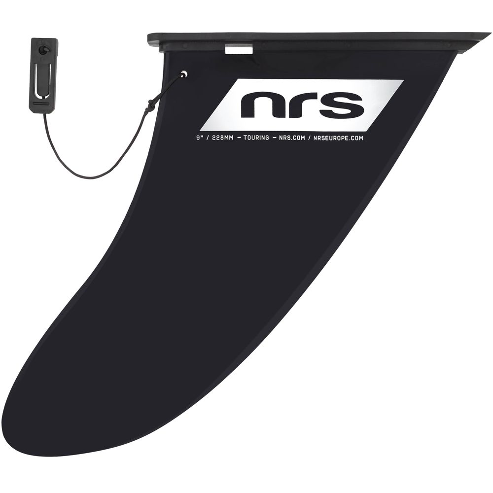 The black NRS SUP Fins, featuring the "nrs" logo and lettering, are essential for paddle boarders seeking stability and performance. They attach via a cord to a small mount, enhancing your water experience.