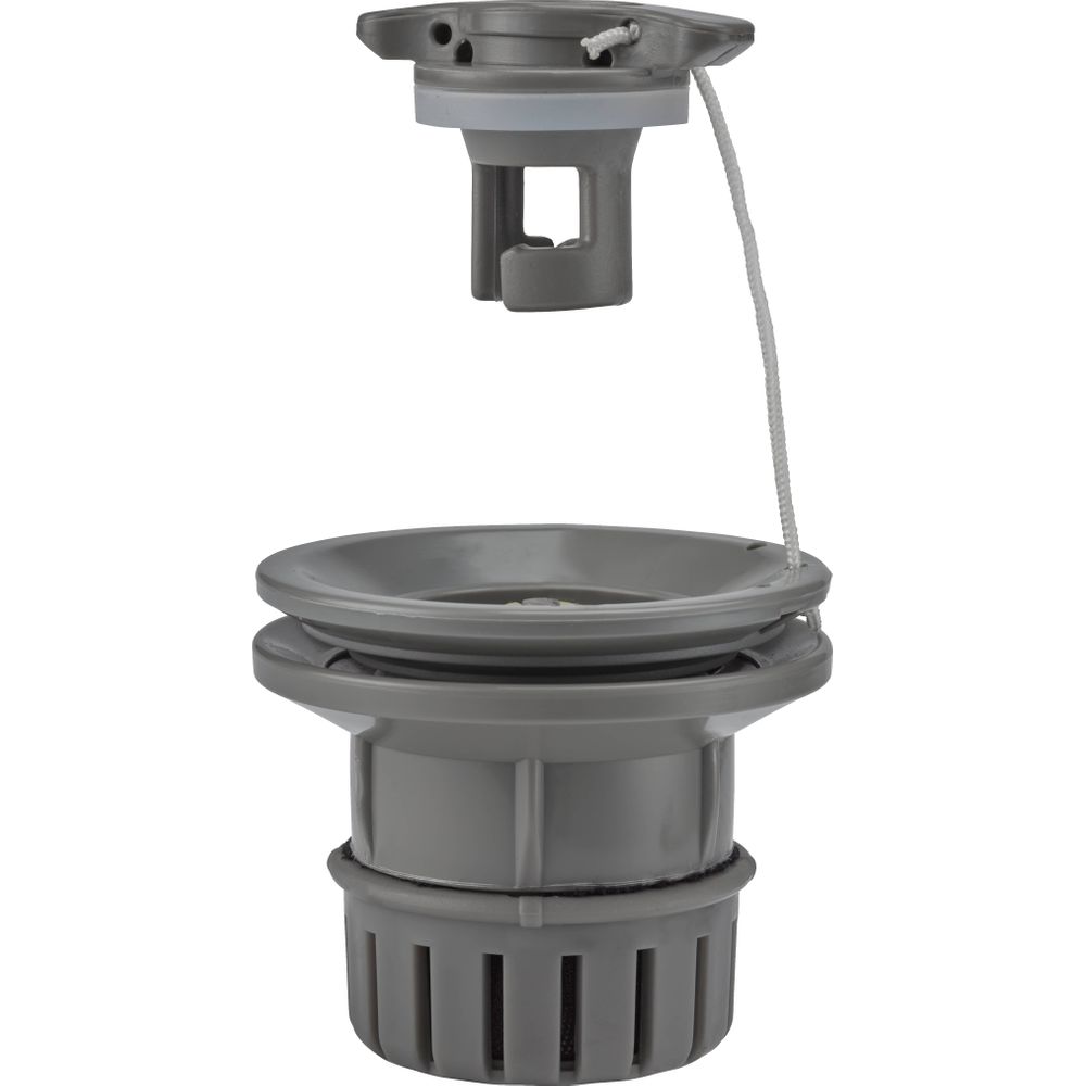 The NRS H4 Valve is a gray plastic drain assembly with two detachable parts and a pull cord, designed for easy use. It's compatible with the Halkey-Roberts Fill Adapter for versatile applications.