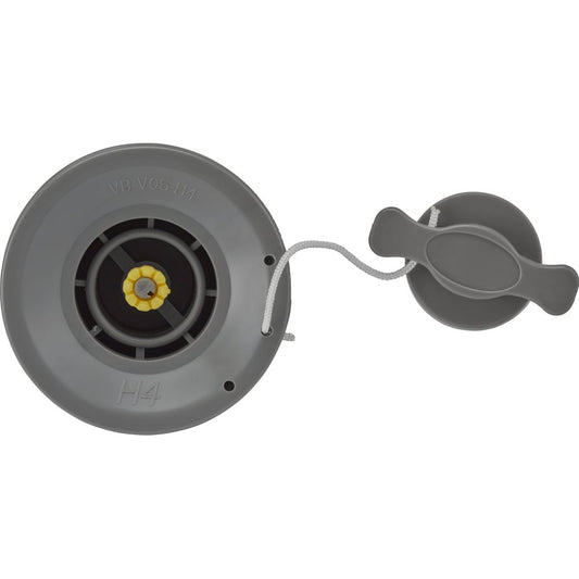 The NRS H4 Valve is a gray round Inflate/Deflate valve with a pull cord and stopper, ideal for drop-stitch applications. It includes a central yellow element.