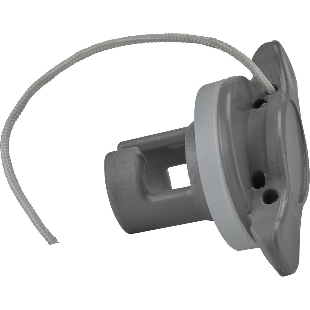 The NRS H4 Valve plug, made of gray plastic, includes a looped rope and fits H4 Inflate/Deflate Valve systems. It has a round base with two precision-engineered holes for secure integration into drop-stitch applications.