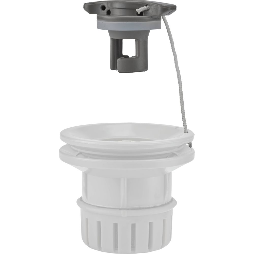 The NRS H4 Valve is a white and gray drain assembly with a detachable stopper and pull cord, compatible with Halkey-Roberts Fill Adapter, ideal for use in sinks or similar fixtures.
