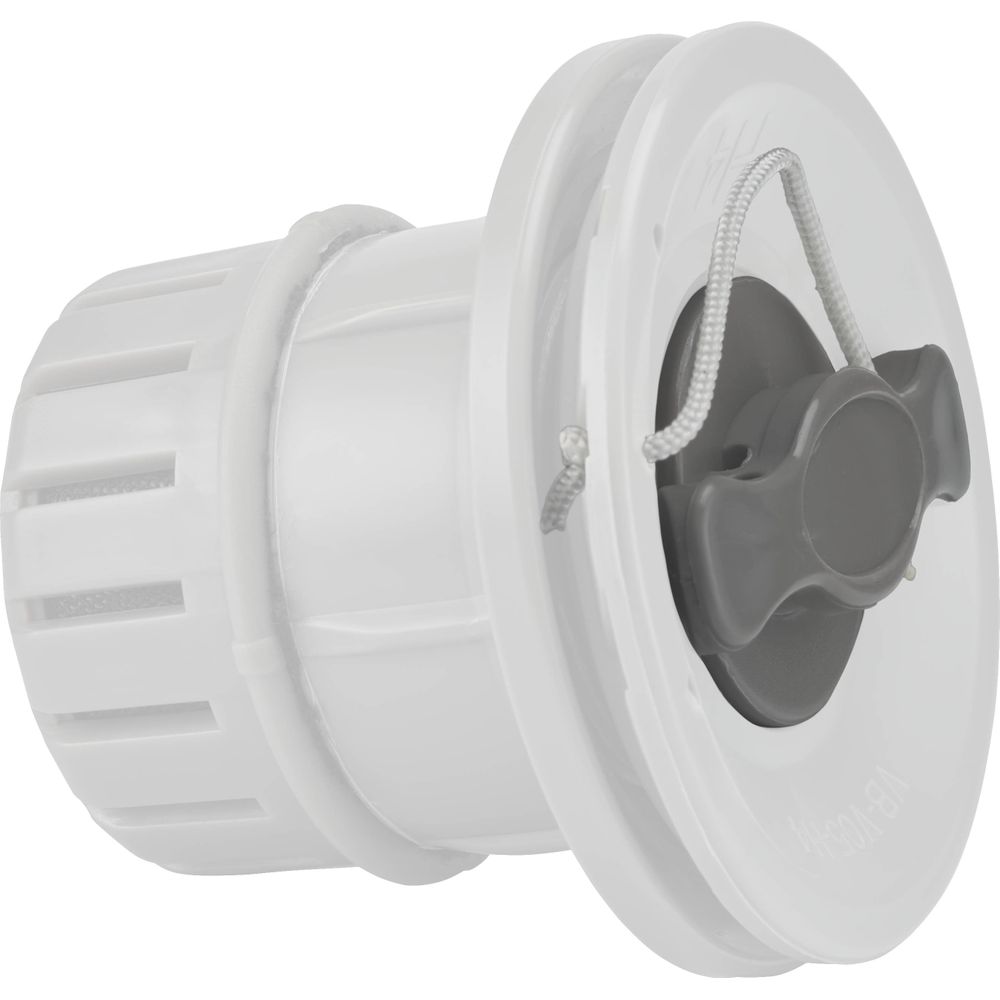 Close-up of an NRS H4 Valve in white, featuring a gray inflate/deflate mechanism and attached string, ideal for drop-stitch applications.