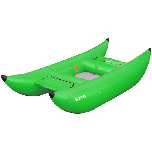 Bright green STAR Slice & Slice XL Paddle Cats inflatable cataraft by NRS, features black tips and is ideal for whitewater adventures. Its self-bailing floor guarantees a smooth ride during intense water activities.