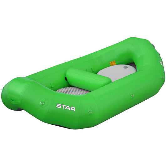 The NRS STAR High Five Raft is a vibrant green inflatable with the "STAR" logo, featuring a gray seat cushion, multiple attachment points, and a robust drop-stitch floor—ideal for self-bailing on your next adventure.
