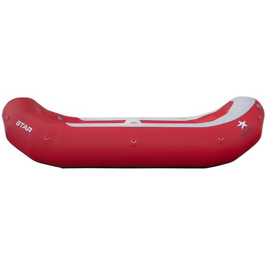 The NRS STAR High Five Raft in red and white has a drop-stitch floor and self-bailing capabilities, ideal for thrilling water adventures.