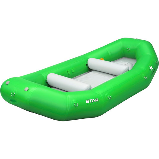 The NRS STAR Outlaw Rafts, crafted from durable PVC, feature a green inflatable design with two gray seats and multiple attachment points on the sides.