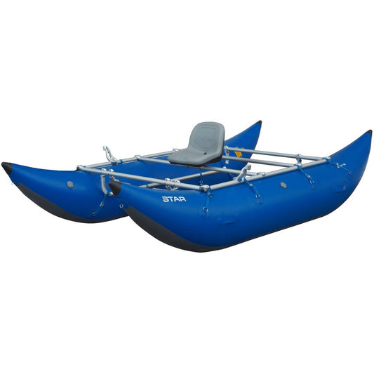 The NRS STAR Kima Cataraft is a blue inflatable pontoon boat with a gray seat and metal frame, boasting durable PVC construction, ideal for whitewater adventures.