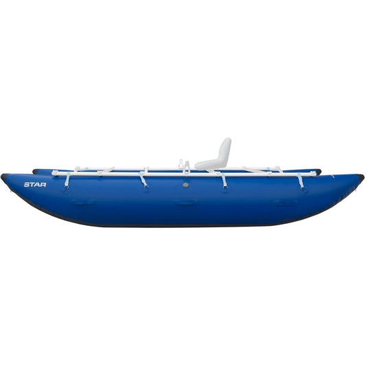 The STAR Kannah Cataraft by NRS is a durable blue inflatable pontoon boat featuring a sturdy metal frame and one white seat, ideal for multi-day trips and hauling gear.