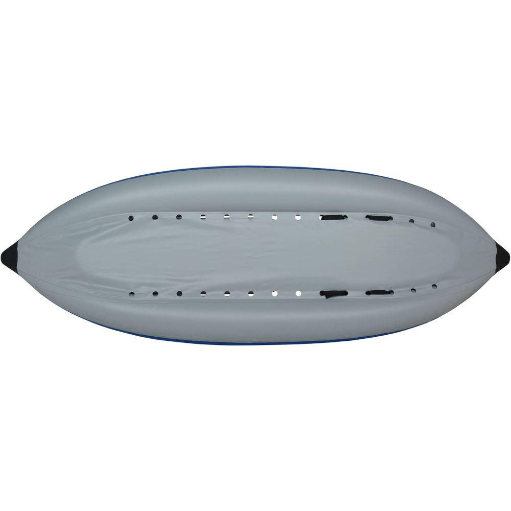 Top view of the NRS STAR Outlaw Solo IK, an inflatable kayak in gray and blue made from durable PVC, with multiple footholds and black side handles for improved whitewater performance.