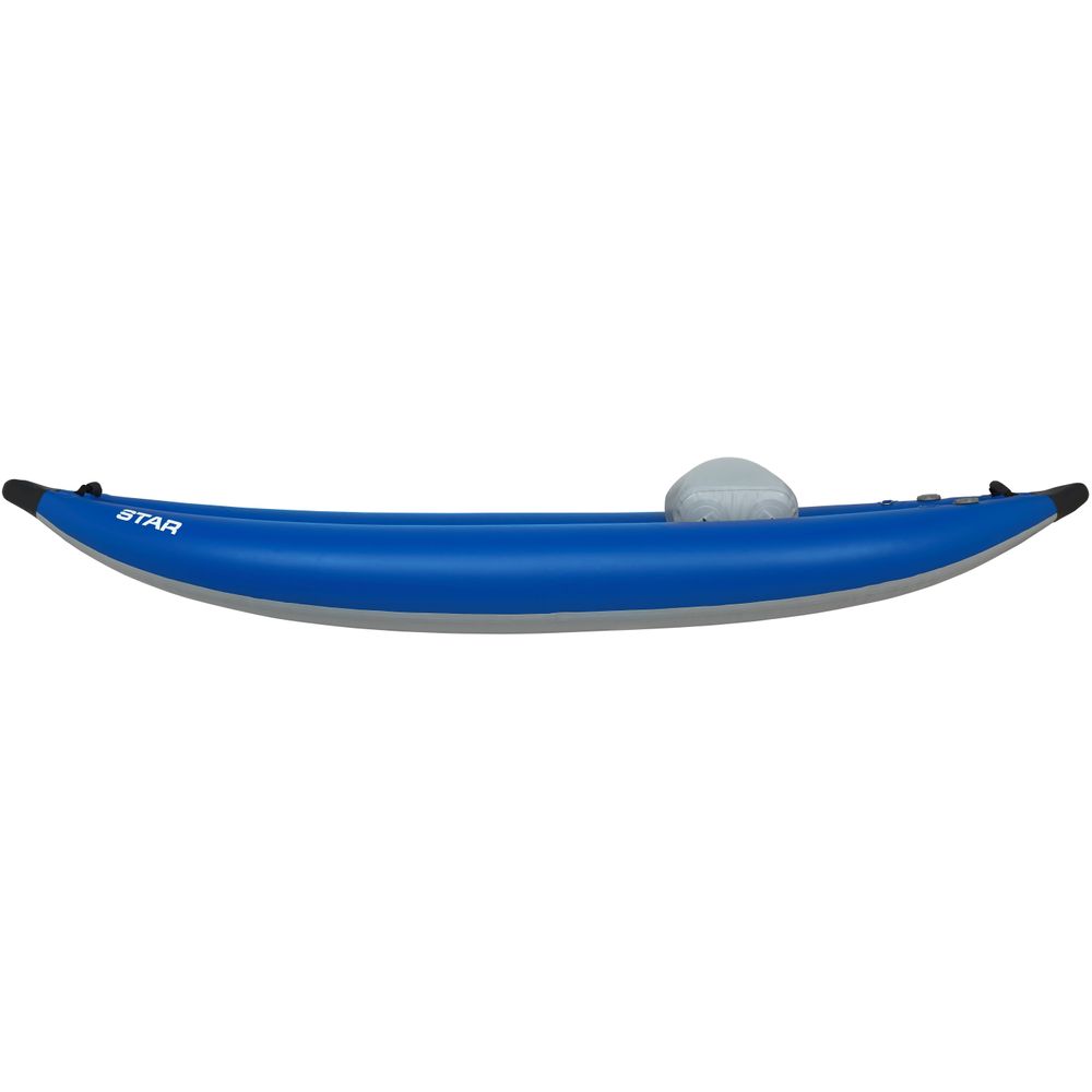 The STAR Outlaw Solo IK by NRS is a blue inflatable kayak crafted from durable PVC, shown on a plain white background, side view, and offers exceptional whitewater performance.
