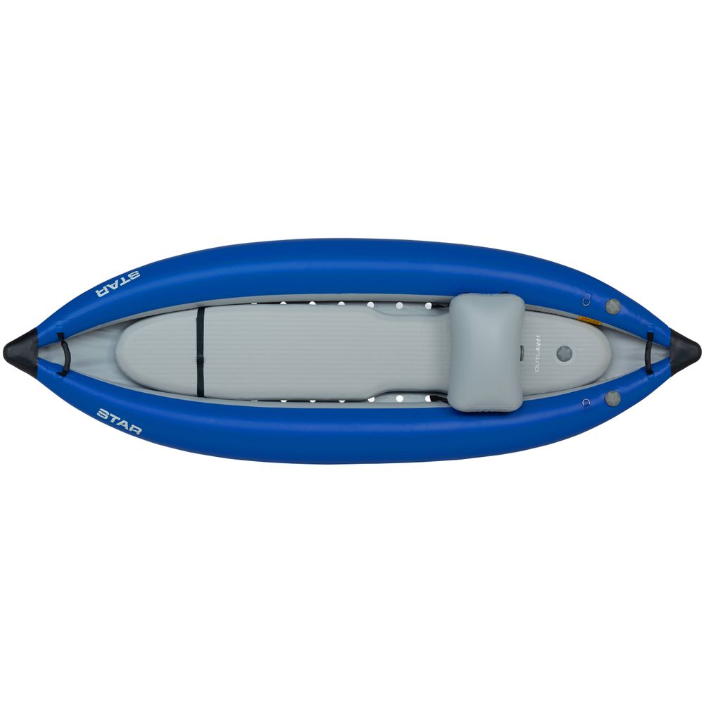Top view of the NRS STAR Outlaw Solo IK in blue, crafted from durable PVC and featuring a gray seat cushion.