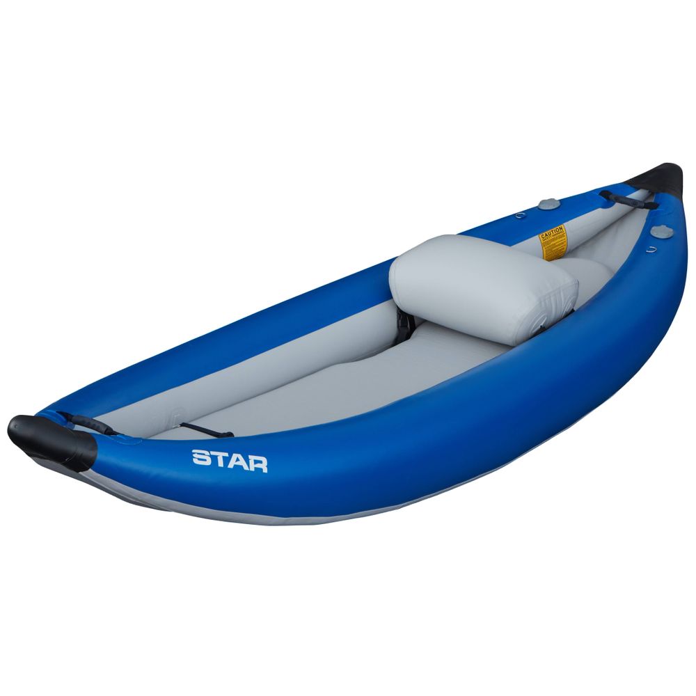 The NRS STAR Outlaw Solo IK is a blue inflatable kayak with a gray seat and interior, perfect for whitewater enthusiasts. Made from durable PVC, it promises thrill and stability on every adventure.