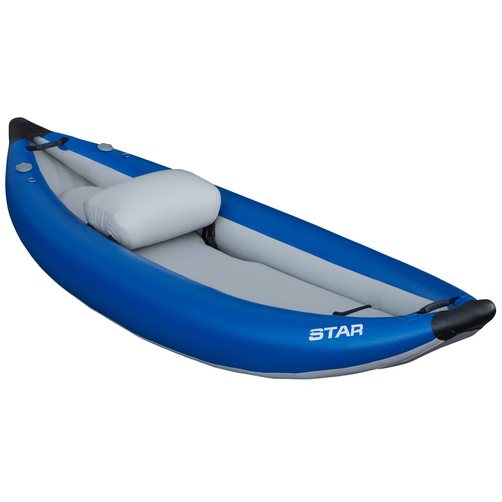 Introducing the STAR Outlaw Solo IK by NRS: a blue and gray inflatable kayak designed for optimal whitewater performance. This single-seater is crafted from durable PVC, with "STAR" prominently printed on the side.