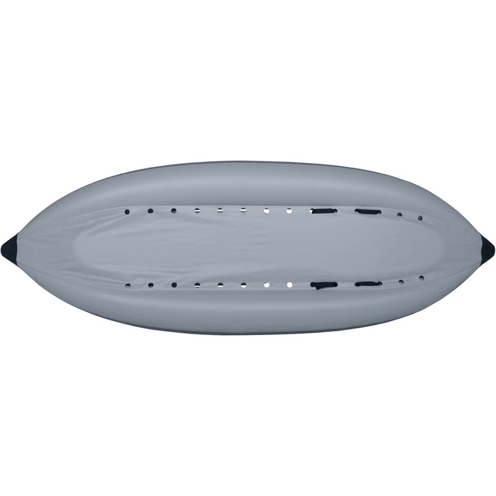 The NRS STAR Outlaw Solo IK is a gray inflatable kayak made of durable PVC with seats and paddle holders, designed for optimal whitewater performance for two adventurers.