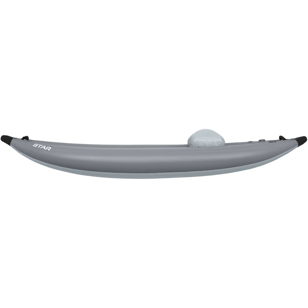 The NRS STAR Outlaw Solo IK is a gray inflatable kayak with black tips, made from durable PVC. It's designed for optimal whitewater performance and features a single seating area, viewed from the side.