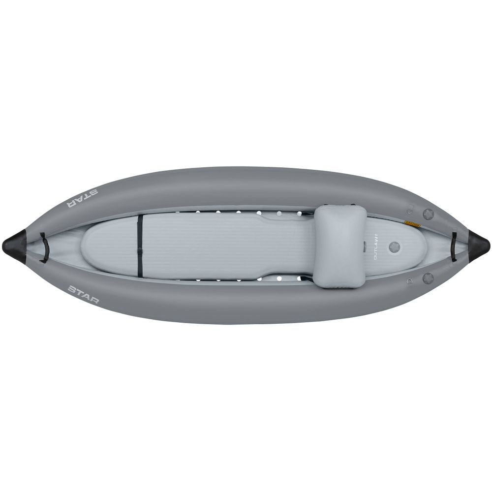 Top view of the NRS STAR Outlaw Solo IK, a gray inflatable kayak with a single seat, drop-stitch floor, and footrest. Its streamlined design features an air valve optimized for enhanced whitewater performance.