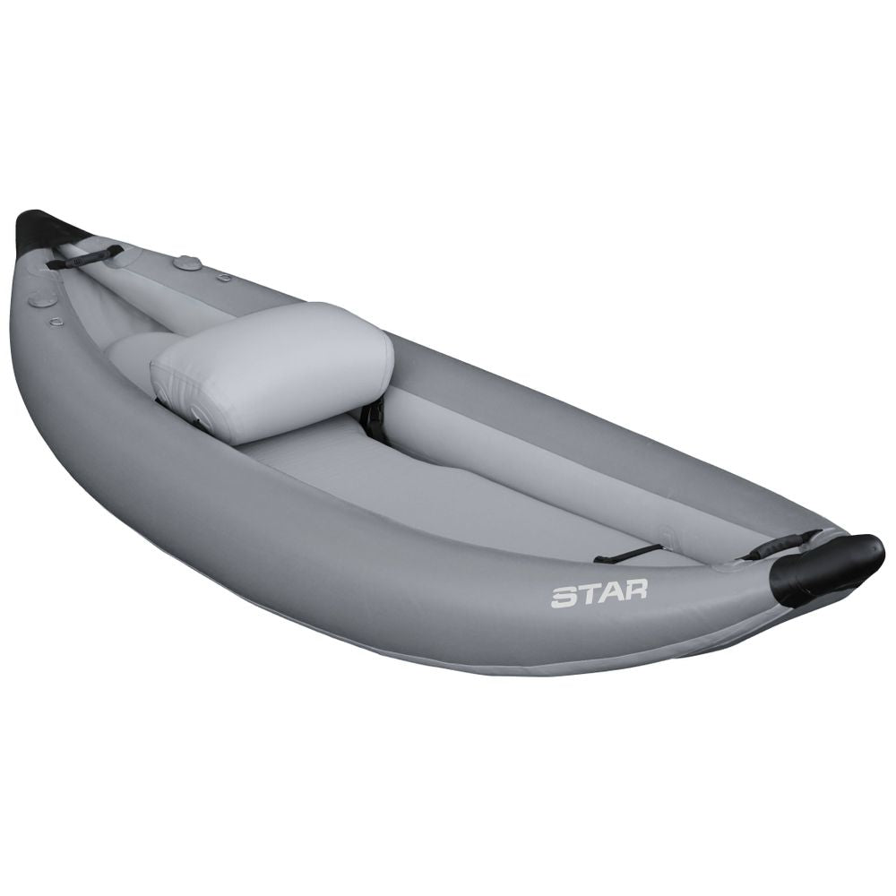 Gray inflatable kayak with a white padded seat designed for top whitewater performance, showcasing black accents and durable PVC construction. The canoe proudly displays the "NRS" brand name on the side. Known as the STAR Outlaw Solo IK model.