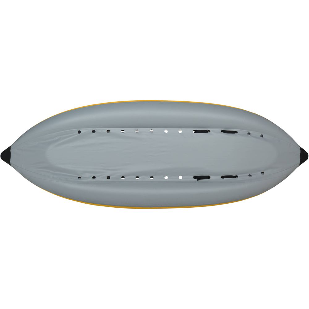 Top view of the STAR Outlaw Solo IK by NRS, a gray inflatable kayak made from durable PVC. It features yellow trim, black accents, multiple air chambers, and adjustable seat positions for excellent whitewater performance.