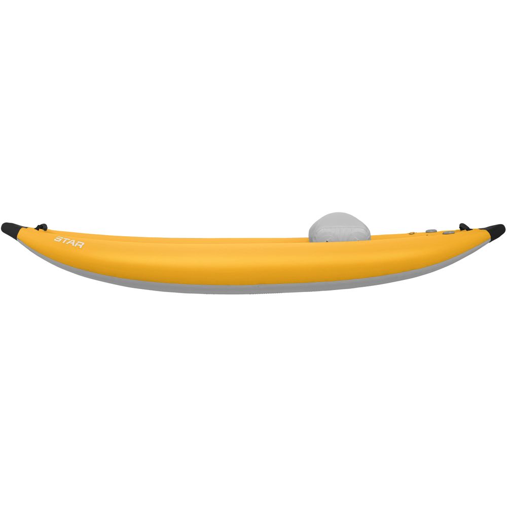 The NRS STAR Outlaw Solo IK, a robust yellow PVC inflatable kayak, is displayed on a white background with a sleek side view, highlighting its top-tier whitewater performance.