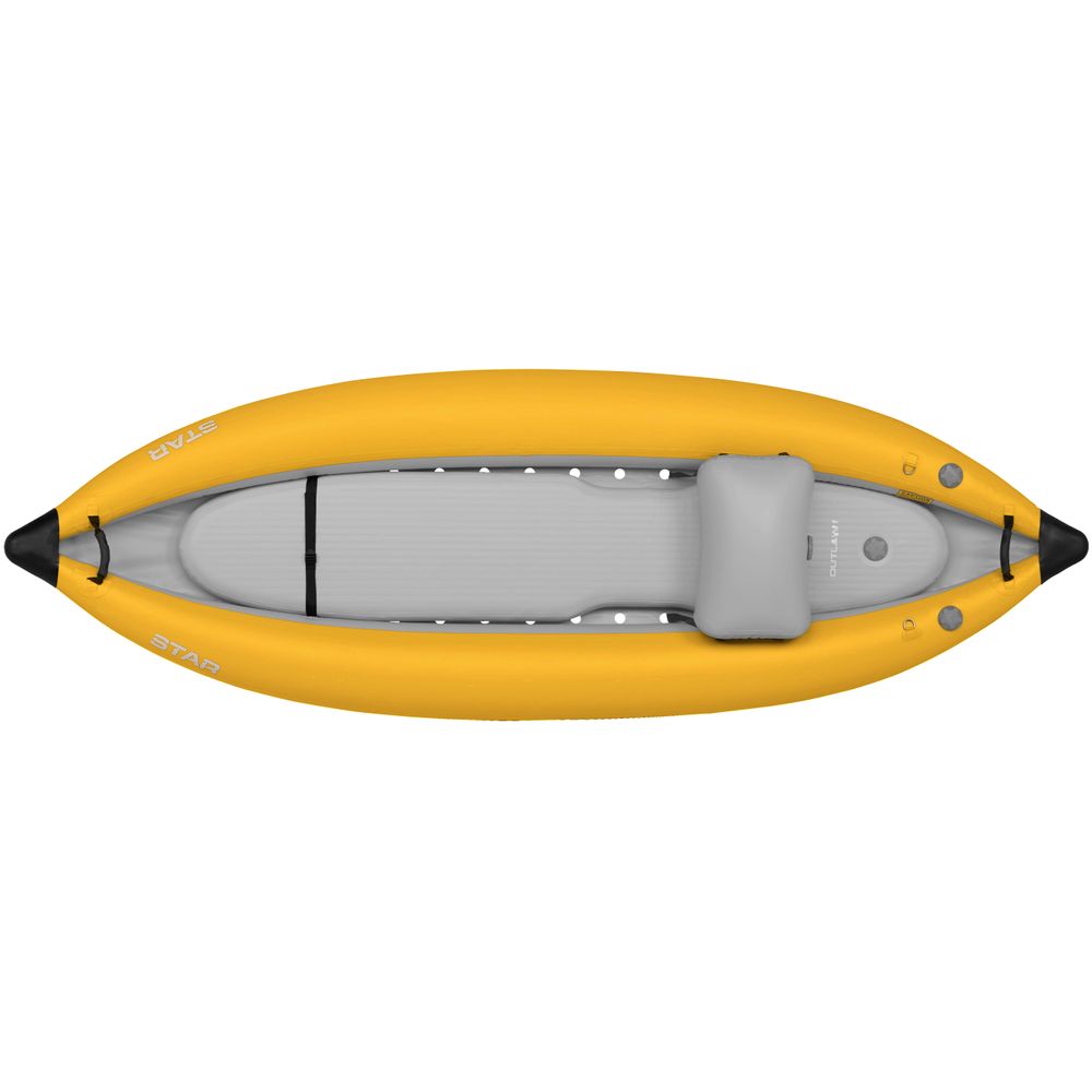 The STAR Outlaw Solo IK by NRS features a top view of a yellow inflatable kayak made from durable PVC, with gray seating and foot area, and pointed ends for optimal whitewater performance.