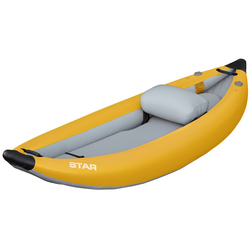 The NRS STAR Outlaw Solo IK is a yellow single-person inflatable kayak with gray seat cushions, made from durable PVC for improved whitewater performance.