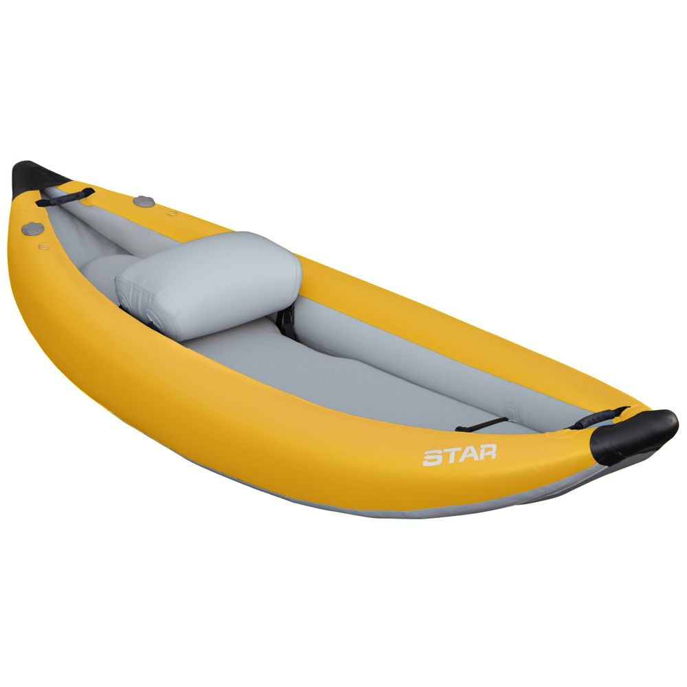 The NRS STAR Outlaw Solo IK is a yellow inflatable kayak featuring a gray seat and black tips, labeled "STAR" on the side, crafted from durable PVC for enhanced whitewater performance.