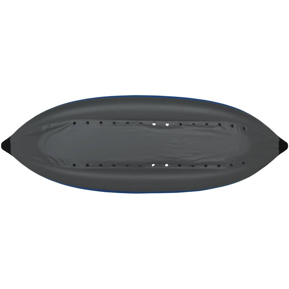 The top view of the NRS STAR Raven 1 Solo IK showcases a streamlined gray inflatable kayak with self-bailing features, multiple air vents along the center, and a sturdy drop-stitch floor for enhanced stability.