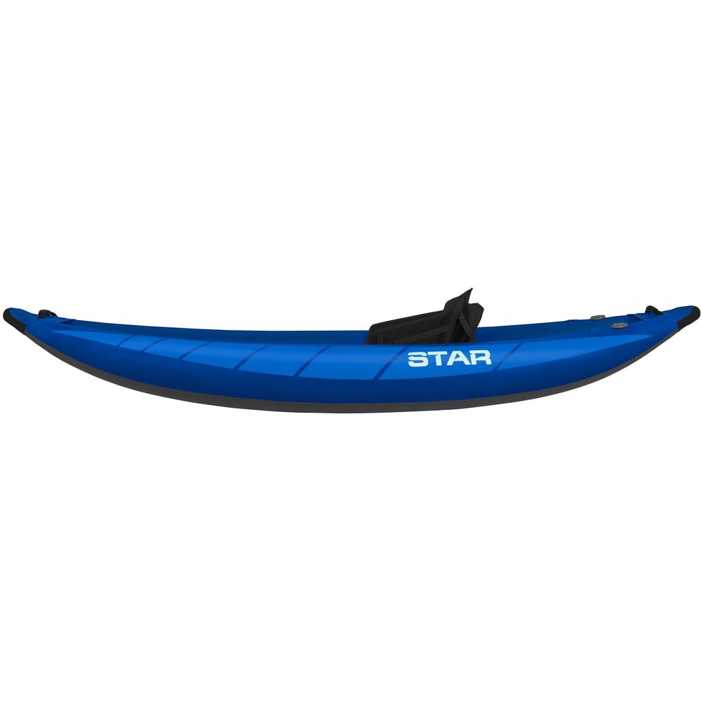 The NRS STAR Raven 1 Solo IK is a blue inflatable kayak with a single seat, viewed from the side and featuring a durable drop-stitch floor for enhanced rigidity.