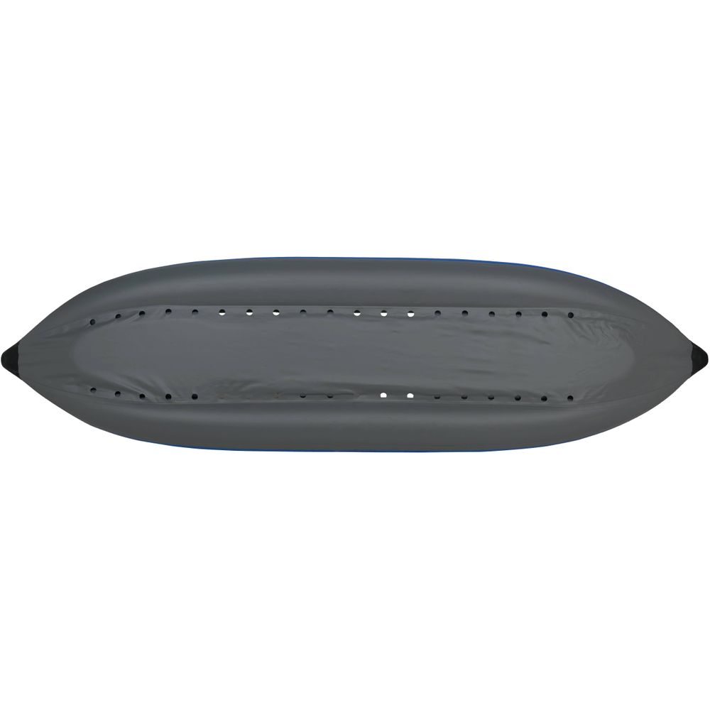 Top view of the NRS STAR Raven 2 Tandem IK, an inflatable kayak in gray, featuring a streamlined design with a drop-stitch PVC floor and small holes along the edges.