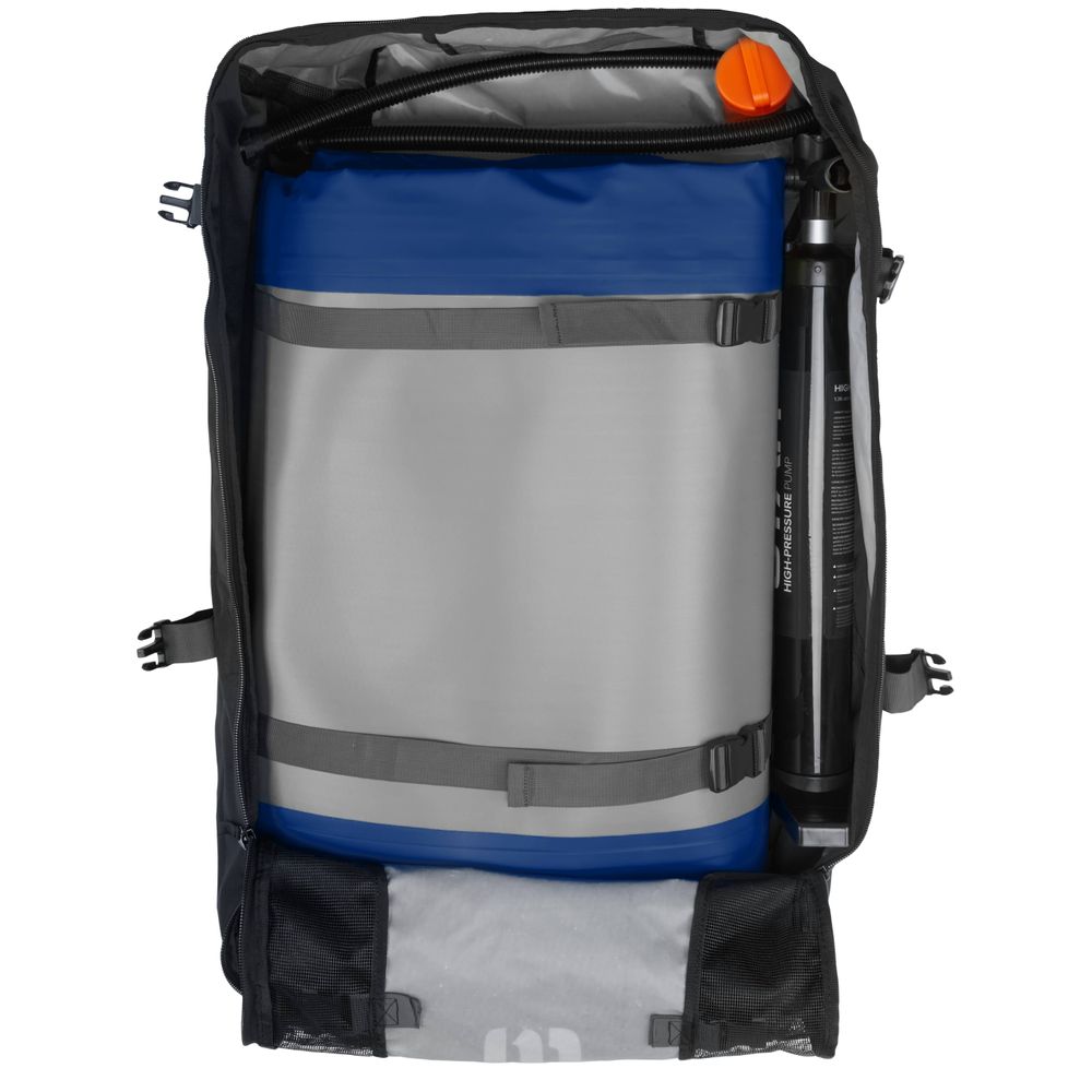 Open the NRS STAR Raven 2 Tandem IK backpack to reveal a blue and gray hydration pack with a black tube, crafted from advanced PVC for superior durability and performance.