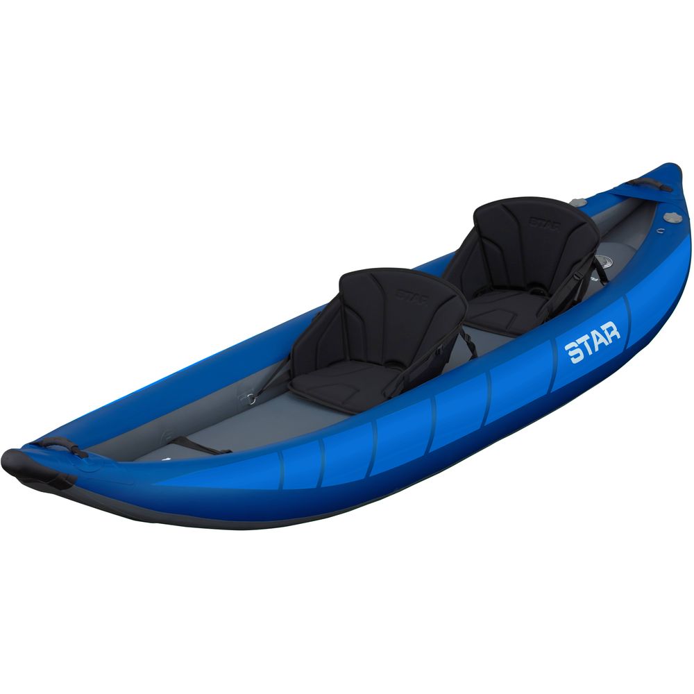 The NRS STAR Raven 2 Tandem IK is a blue inflatable kayak with two seats and a drop-stitch PVC floor, prominently displaying "STAR" on its side.