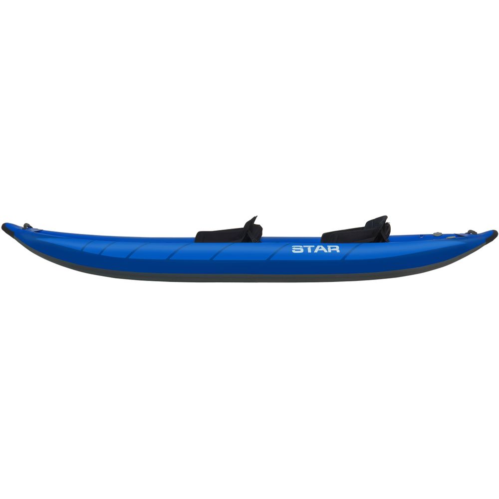 The NRS STAR Raven 2 Tandem IK is a blue inflatable kayak featuring two black seats, a drop-stitch PVC floor for added durability, and a side view.